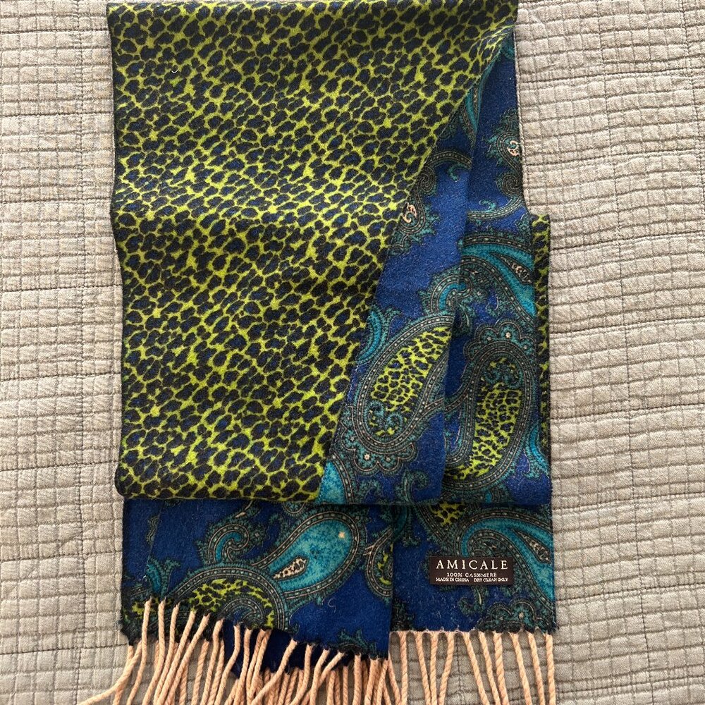 AMICALE Cashmere Scarf -Paisley Print/Leopard Print, Blue/Green/Tan - EUC